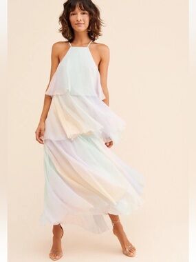 Anthropologie OPT Elena Pastel Multicolored Tiered Maxi Dress XS